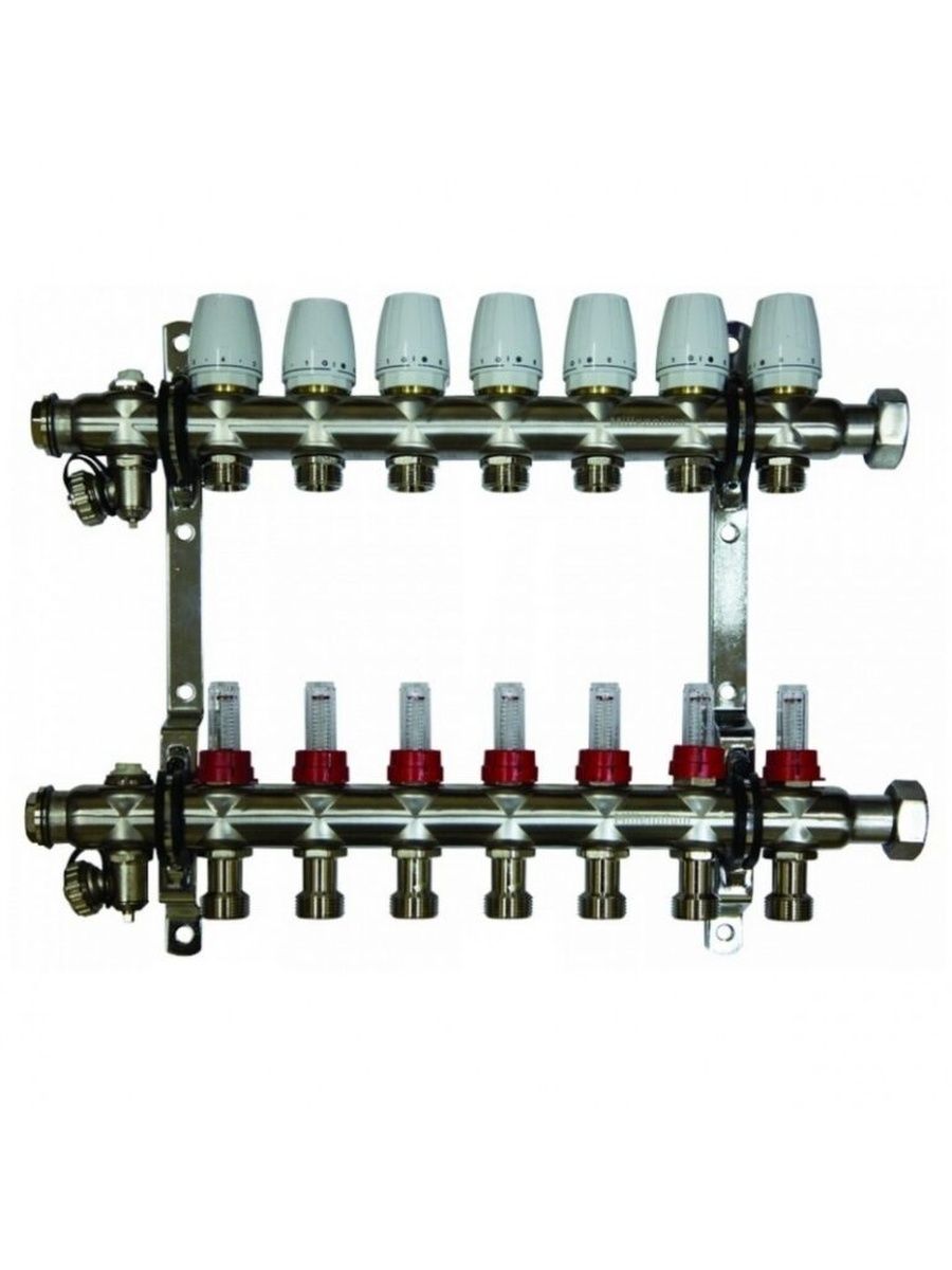 Коллектор теплого пола 10 контуров. Коллекторный блок с расходомерами. Коллекторный блок 2-х секционный для напольного покрытия. Коллекторный блок с расходомерами 4 выхода в системе. Коллекторная группа Millenium 1" 10 вых. С расходом..