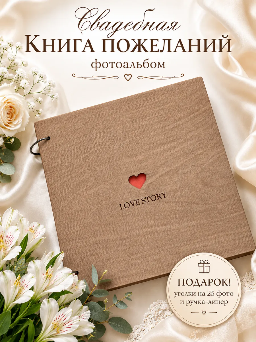 Свадебная книга пожеланий для гостей, фотоальбом деревянный