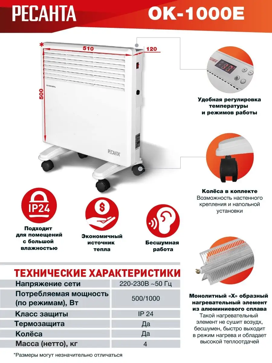 Электрический конвектор (конвекторный обогреватель для дома)  настенный/напольный РЕСАНТА ОК-1000Е Ресанта 117921873 купить в  интернет-магазине Wildberries