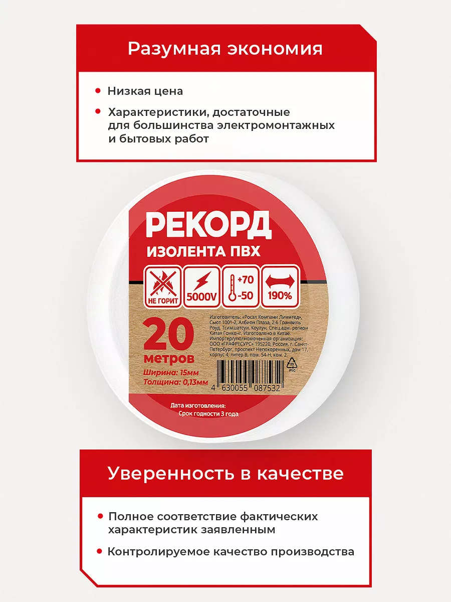 Изолента набор белая пвх 20 м 5 шт для проводов труб Рекорд 118220298  купить за 275 ₽ в интернет-магазине Wildberries