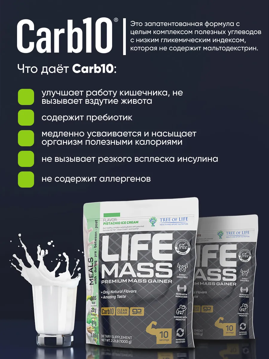 Гейнер для набора мышечной массы MASS gainer 1 кг Tree of Life 119526928  купить в интернет-магазине Wildberries