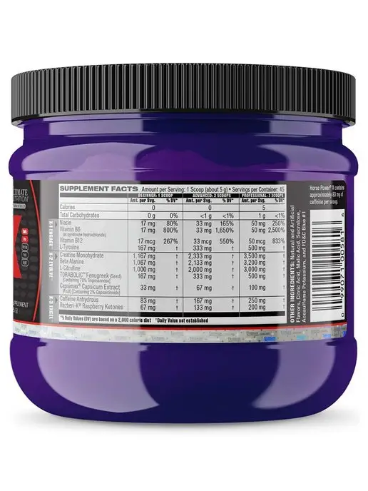 Ultimate Nutrition Предтренировочный комплекс Хорс Пауэр Икс, 225 г - Малина, 225 г, фото 2
