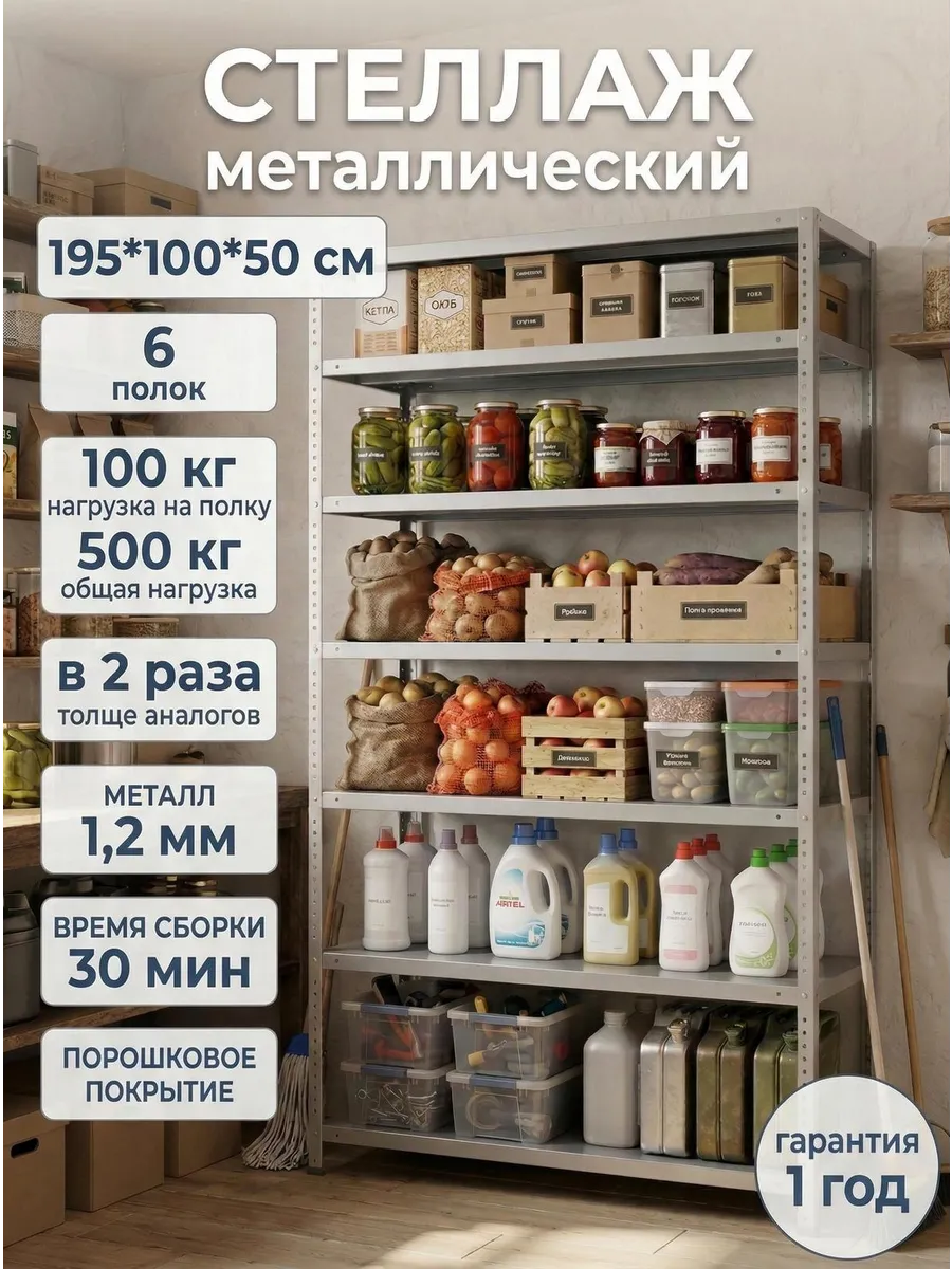 Стеллаж металлический 2000х1000х500 с 6 полками 200х100х50