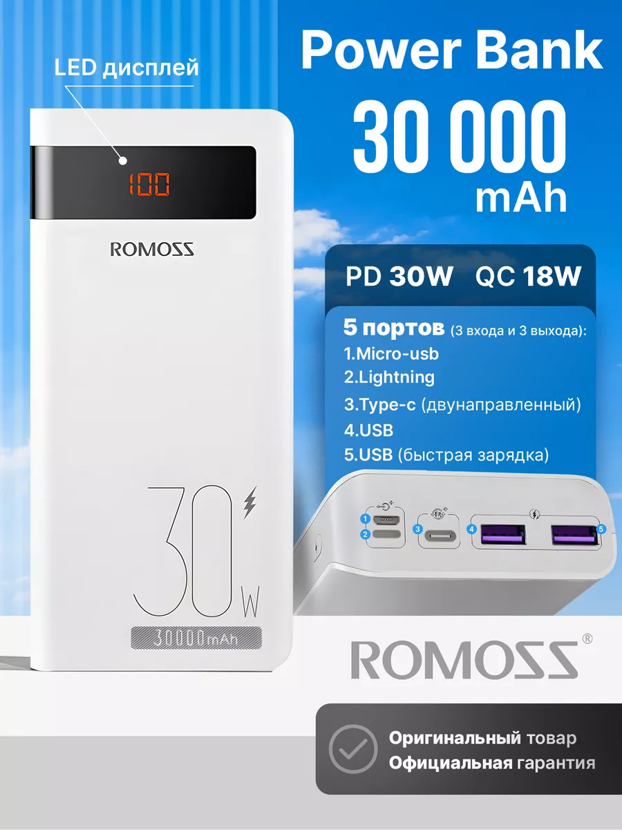 Внешний аккумулятор повербанк Sense 8PS Pro 30000 mAh 30W Romoss 121014943  купить за 2 270 ₽ в интернет-магазине Wildberries