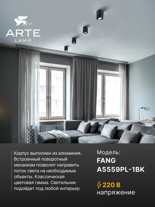 Arte Lamp Точечный накладной светильник FANG A5559PL-1BK, черный, фото 2