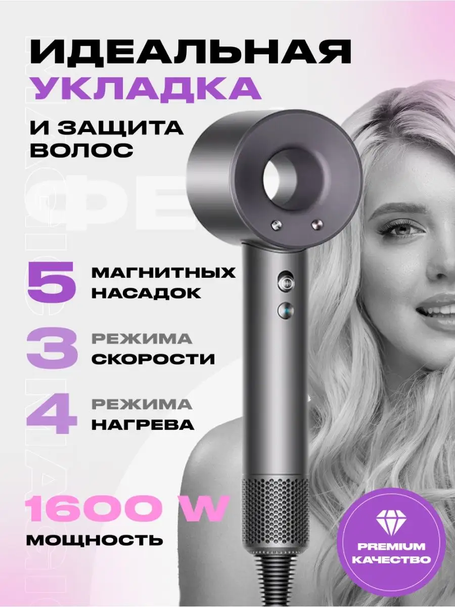 Фен для волос профессиональный с 5-ю насадками и ионизацией Super hair  dryer 123052741 купить за 1 599 ₽ в интернет-магазине Wildberries