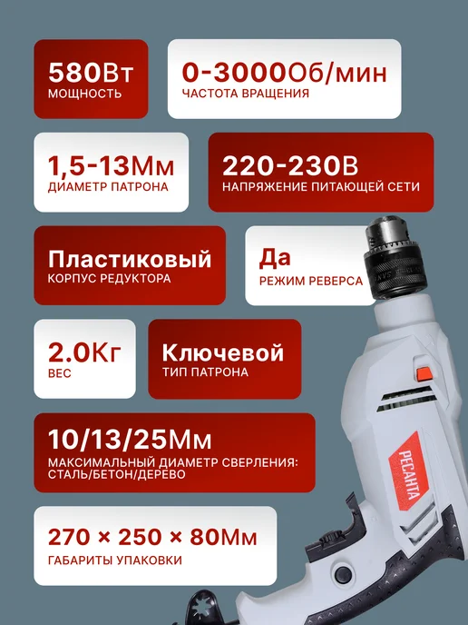 Дрель электрическая от сети ударная ДУ-13/580 — фото 3