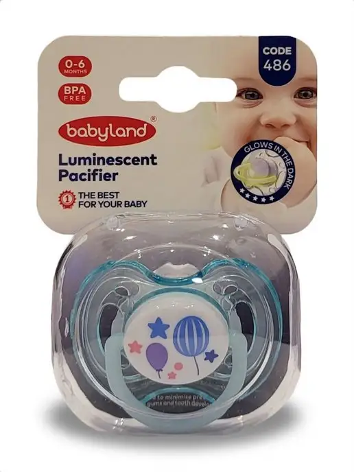Baby Land Пустышка ночная ортодонтическая соска силиконовая 0-6 мес, голубой, фото 2