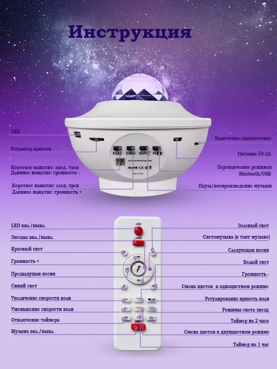 Ночник проектор звездного неба детский bluetooth колонка UFO WarpTech  127316114 купить за 981 ₽ в интернет-магазине Wildberries