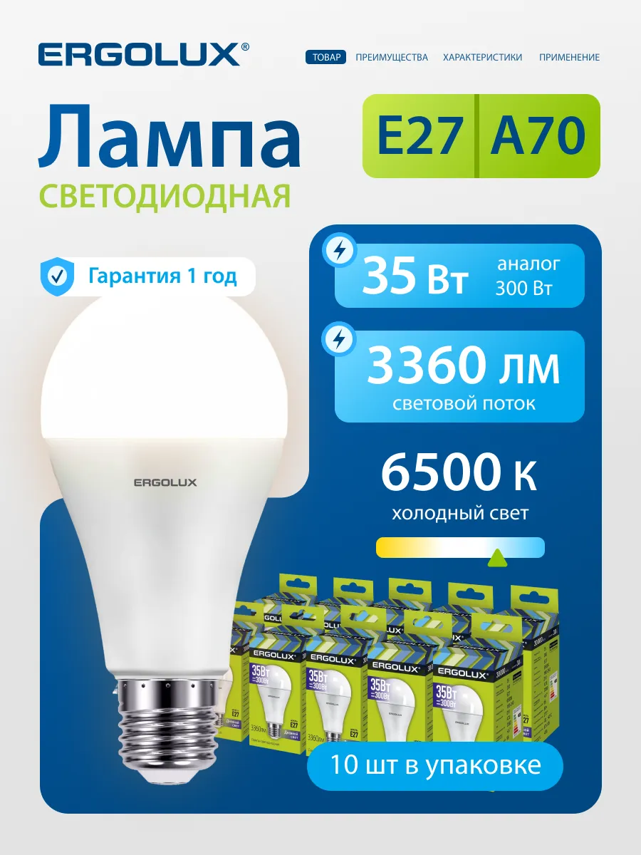 Лампочки светодиодные E27 35W 6500К Led холодный свет 10 шт