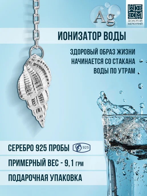 Золотой Меркурий Ионизатор воды серебряный 925 Ракушка, серебристый