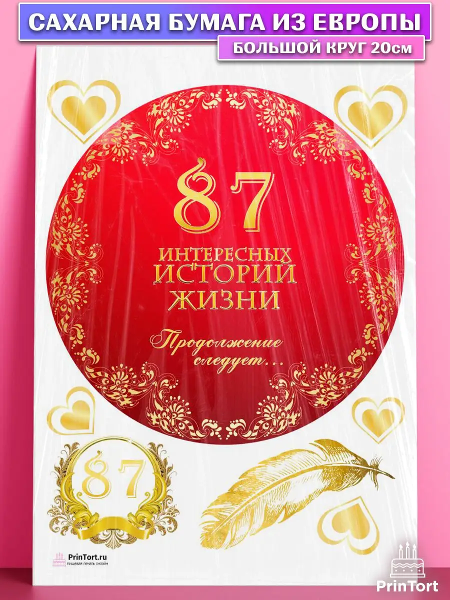 Сахарная картинка на торт с днем рождения 87 лет PrinTort 131274854 купить  за 299 ₽ в интернет-магазине Wildberries